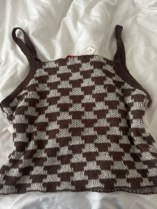 Lisa Says Gah Tops - Checker Knit Cropped Tank Top - Brown & Cream